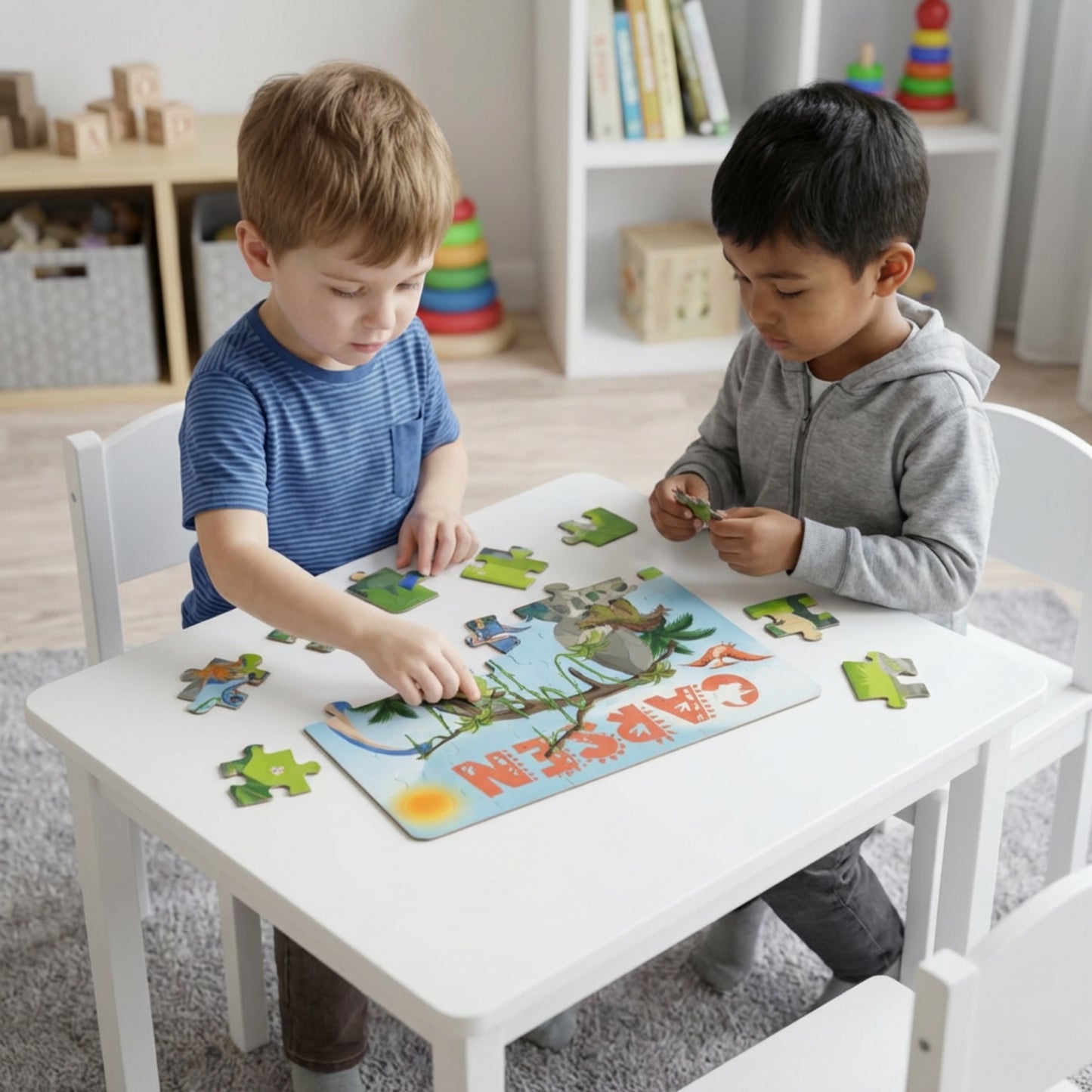 Children playing with a dinosaur jigsaw puzzle at a table, assembling colorful pieces together, demonstrating a fun and engaging personalized puzzle activity for kids.