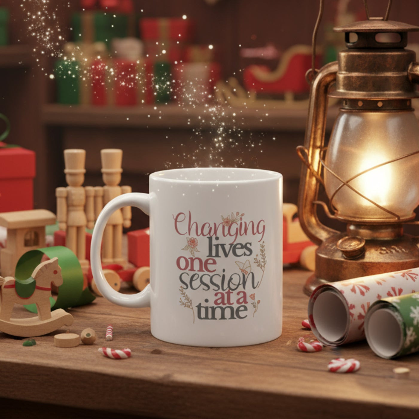 Personalized white ceramic mug with floral and butterfly accents and the phrase “Changing Lives One Session at a Time.” Includes a custom name on the side for a unique touch. Available in 11oz and 15oz sizes, this inspiring coffee cup makes a thoughtful appreciation gift for teachers, therapists, ABA professionals, social workers, and caregivers. Perfect for birthdays, holidays, or thank-you occasions, combining daily use with a heartfelt message.