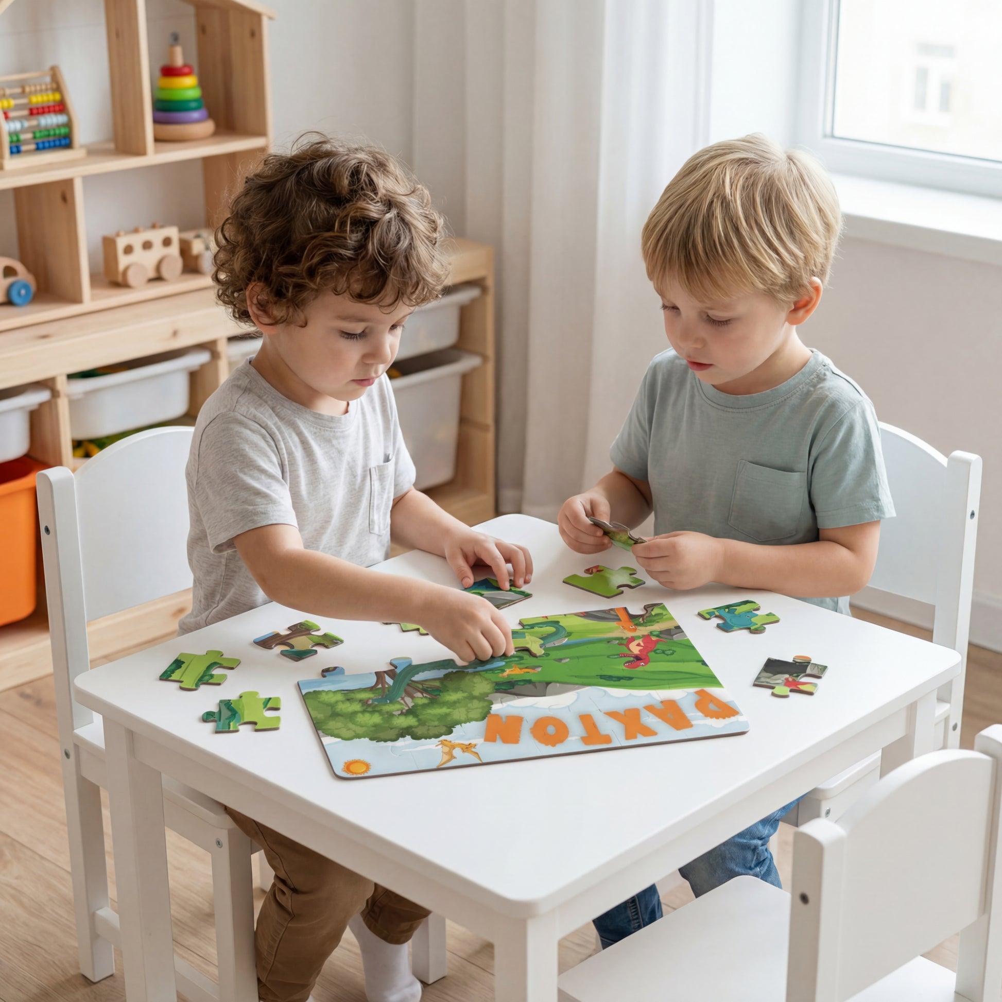 Children playing with a dinosaur jigsaw puzzle at a table, assembling colorful pieces together, demonstrating a fun and engaging personalized puzzle activity for kids.