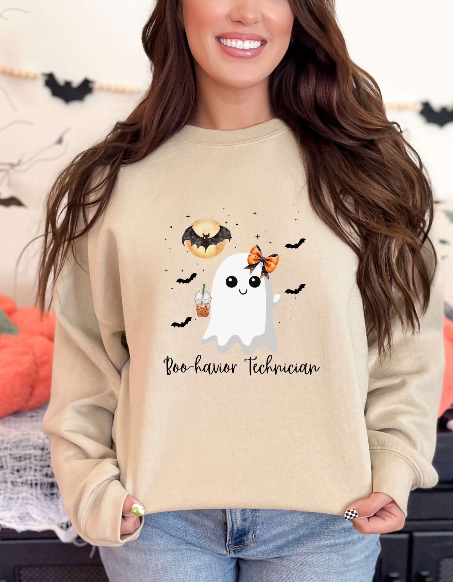 Halloween Behavior Technician Sweater-Cute Ghost Design "Boo-havior Technician" Sweatshirt Printify