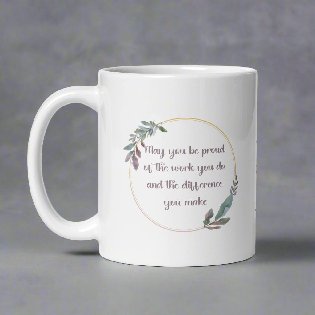 Personalized White Ceramic Mug – "Proud of the Work You Do" Quote – Ideal Gift for Teachers & Therapists Affordable ABA Materials