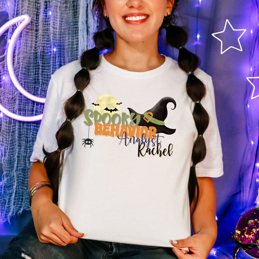 Personalized Spooky Behavior Analyst Halloween Unisex T-Shirt – Witch Hat, Scary Moon & Custom Name Affordable ABA Materials