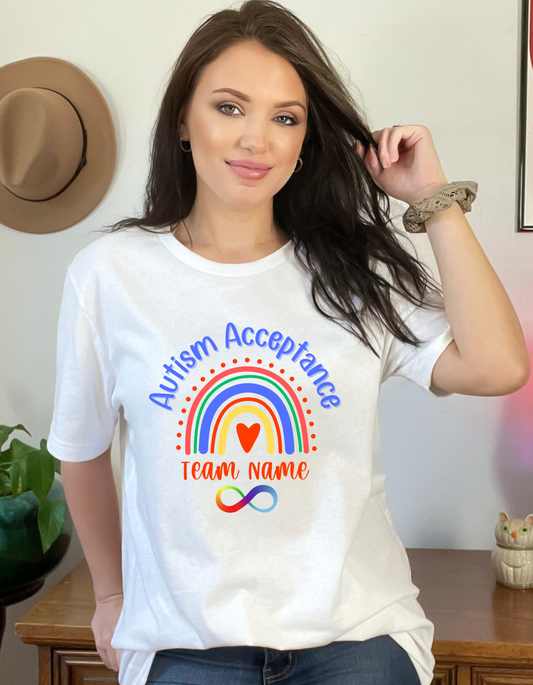 Autism Acceptance Team Shirt with Space for Custom Name - Rainbow Infinity Design Unisex Adult T-Shirt