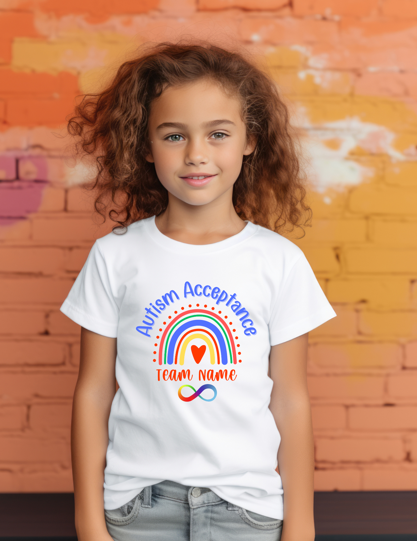 Autism Acceptance Team Shirt with Space for Custom Name - Rainbow Infinity Design Unisex Youth T-Shirt