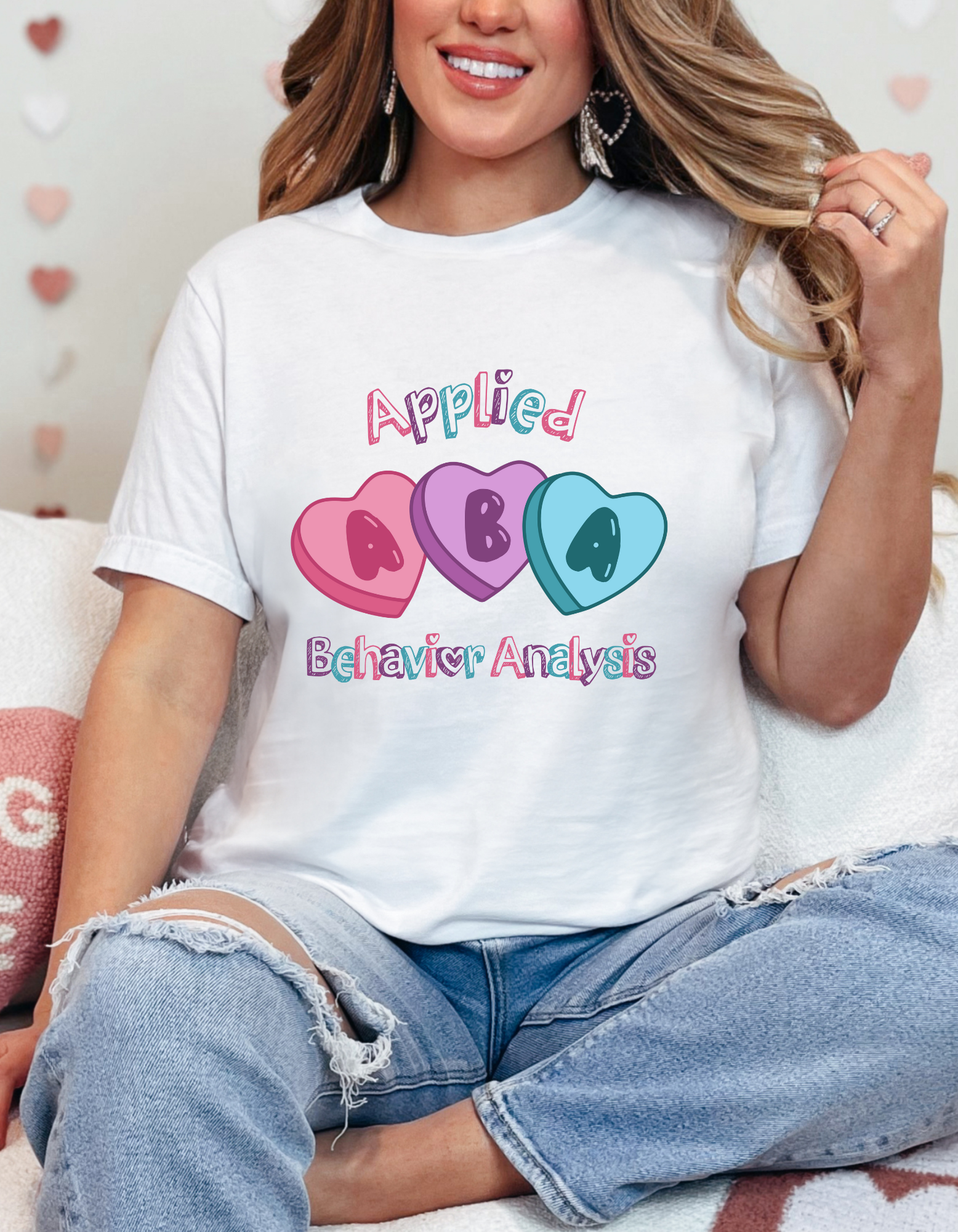 Cute Valentines Day Unisex T-Shirt for ABA Professionals - ABA sweetheart Design that has written words "Applied Behavior Analysis"; Perfect Shirt for BCBAs and RBTs Perfect Gift for Behavior Techs