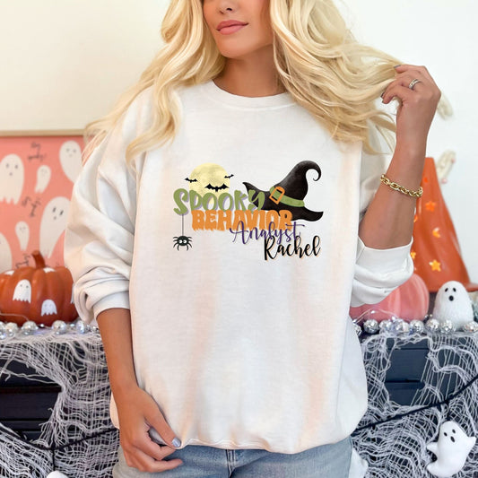Personalized Spooky Behavior Analyst Halloween Sweatshirt – Witch Hat, Moon & Custom Name | Unisex Fall Crewneck Affordable ABA Materials