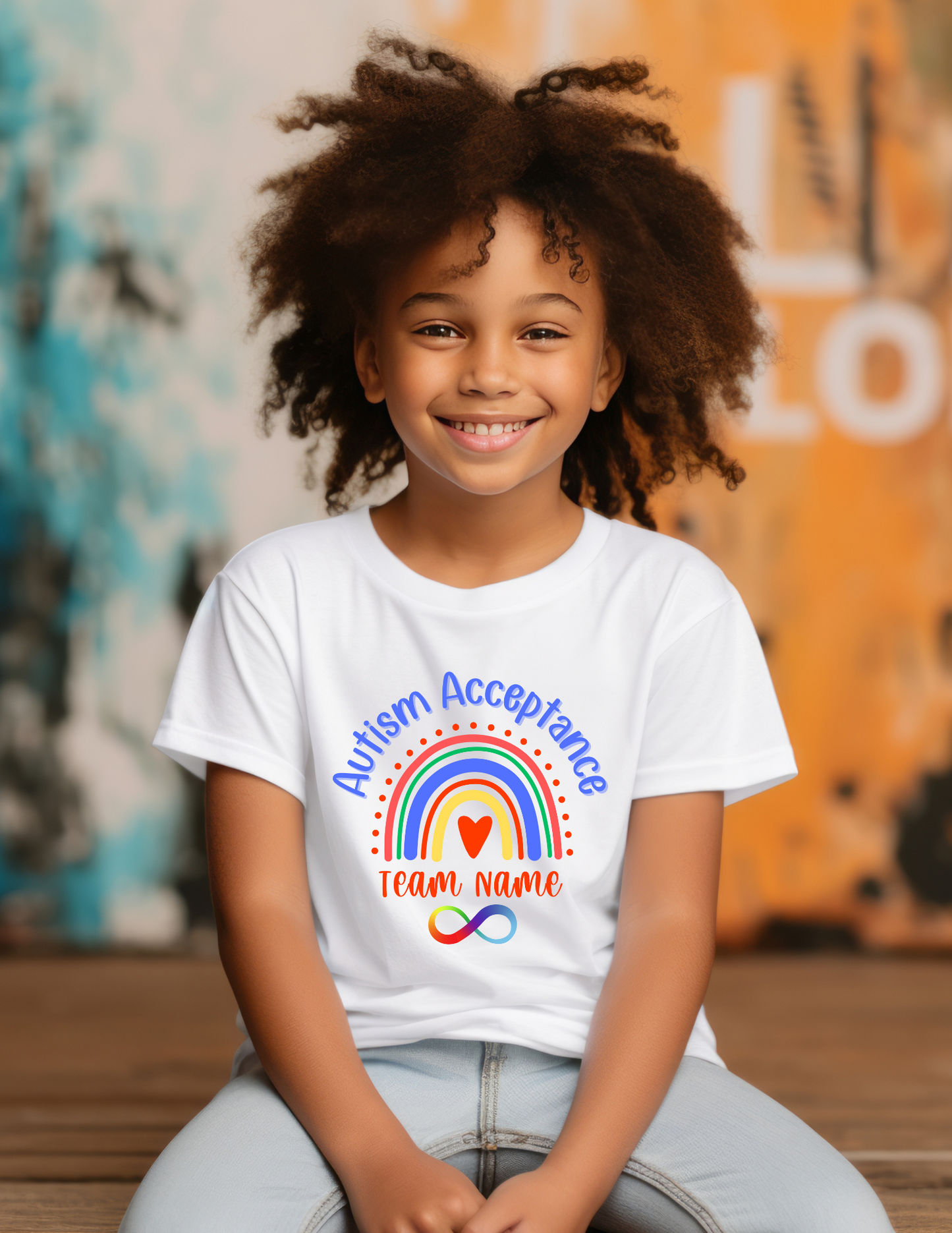 Autism Acceptance Team Shirt with Space for Custom Name - Rainbow Infinity Design Unisex Youth T-Shirt