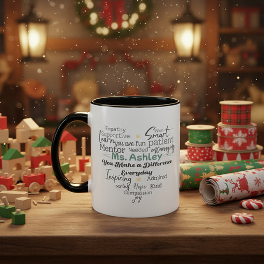 Personalized heart word cloud mug featuring uplifting words like Compassion, Inspiring, Supportive, and Patient with a name in the center. This black accent handle and interior mug is available in 11oz and 15oz sizes. Perfect personalized Christmas gift for teachers, therapists, mentors, social workers, and caregivers who make a difference every day. A thoughtful appreciation present for birthdays, holidays, or thank-you occasions.